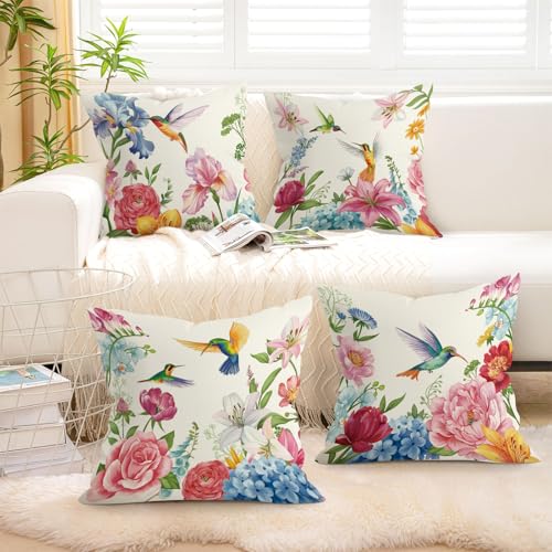 Floral Hummingbird Throw Pillow Covers, Set of 4, 18x18