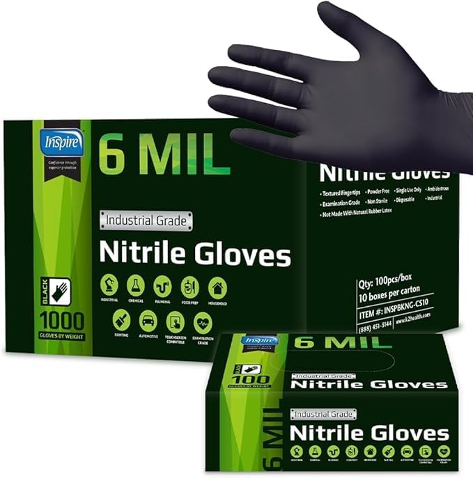 Heavy Duty Black Nitrile Gloves - 6 Mil Chemical Resistant | Disposable Medical & Cleaning Use