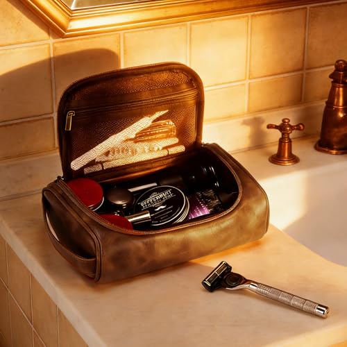 Aganmi Light Brown Personalized Men's Travel Toiletry Bag - Fathers Day Gift