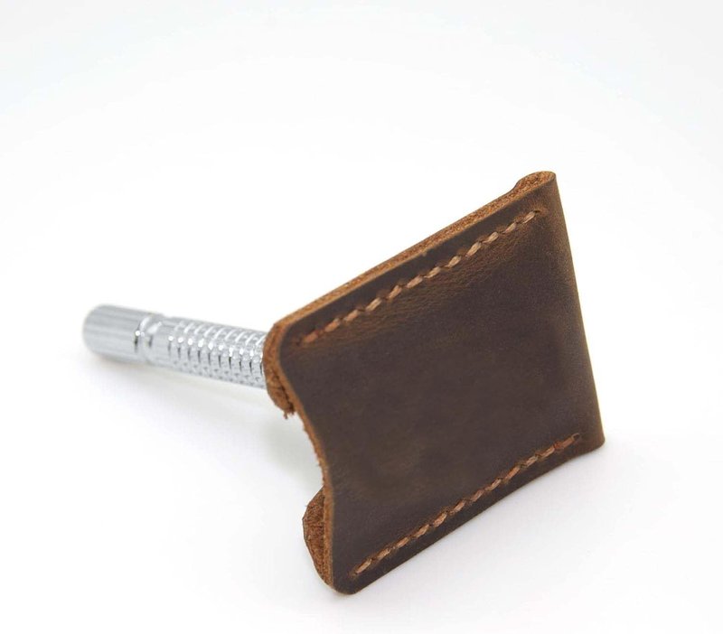 Distressed Brown Leather Safety Razor Head Cover Case/Handmade Razor Sheath, Razor Cover, Leather, Razor Protector, Razorblade Sheath (Brown)