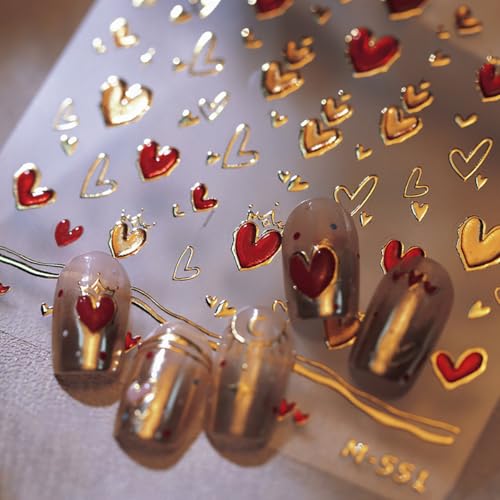 WBRRFJJ Valentine's Day 5D Heart Nail Art Stickers - Gold Pink & Moon Designs, Self-Adhesive DIY Nail Decals - Listing Variation 1