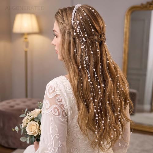 Pearl Bridal Headband with Tassel, Silver Wedding Hair Vine Headpiece