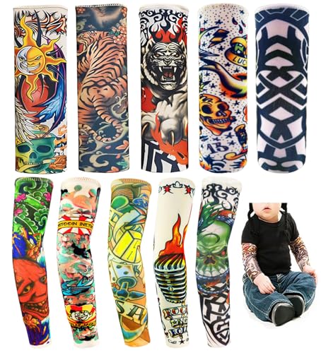 Kids Temporary Tattoo Sleeves - 10 Pcs Sun Protection Arm Covers for Boys & Girls