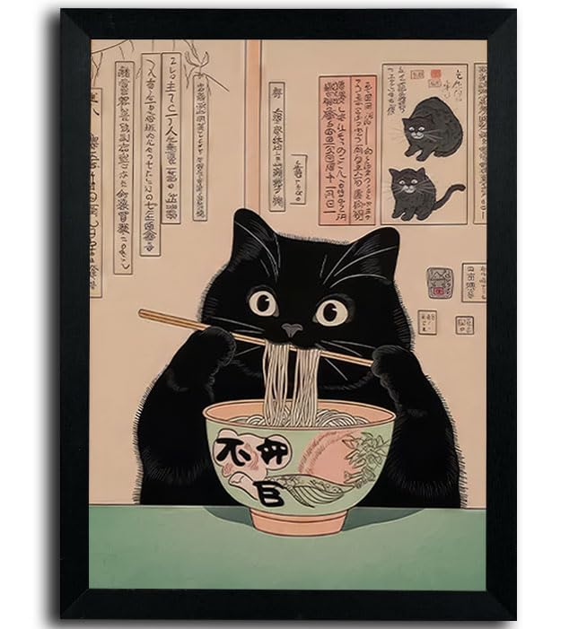 Framed Black Cat Canvas Wall Art - Whimsical Ramen Painting 10x8in