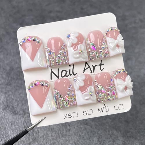 Medium Duck Press on Nails - French White Nude Handmade Rhinestone Nails