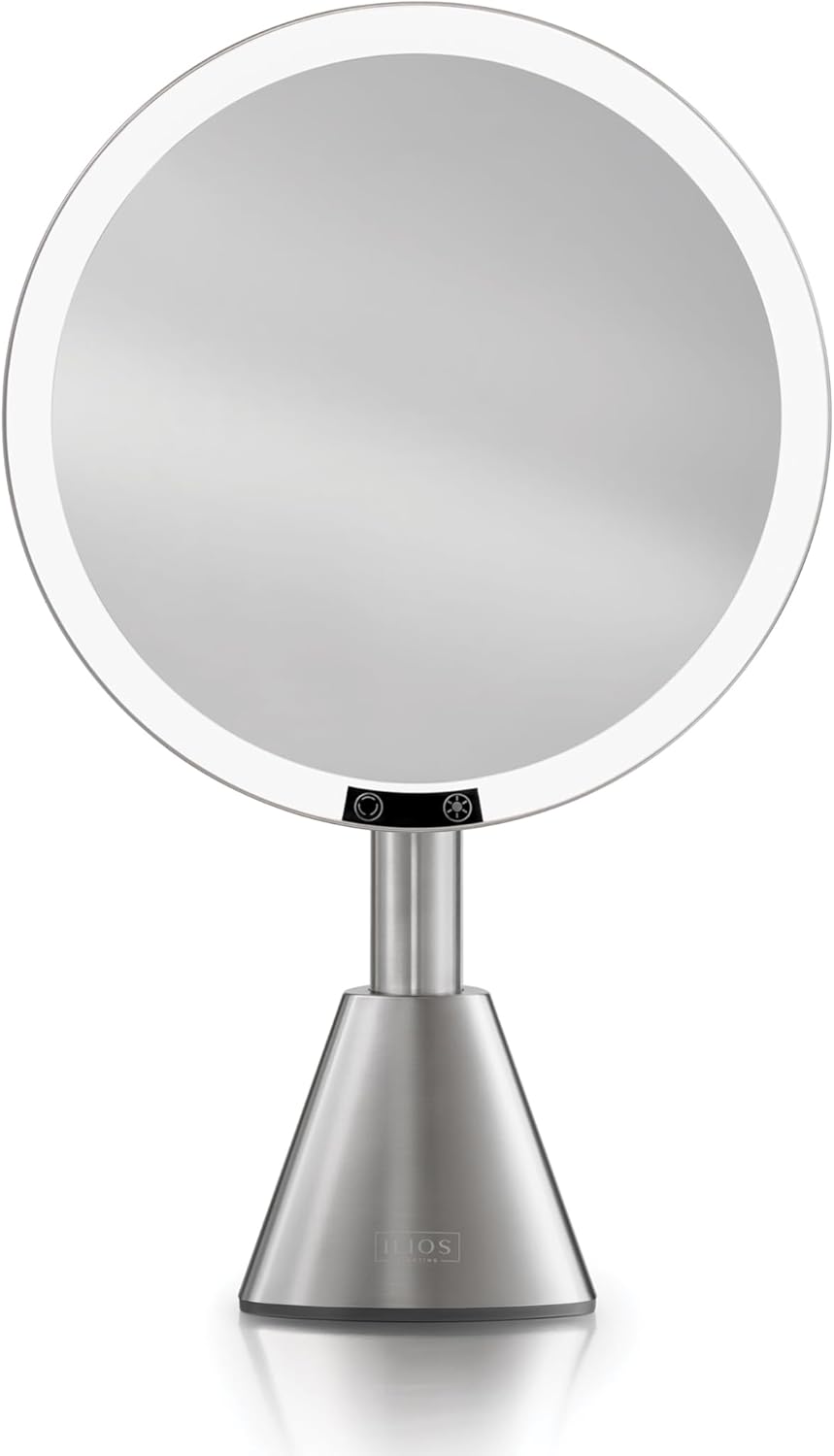 Ilios 9" Lighted Makeup Mirror - 5X Magnification, Rechargeable LED | Adjustable Lighting 3200K–6500K, Silver