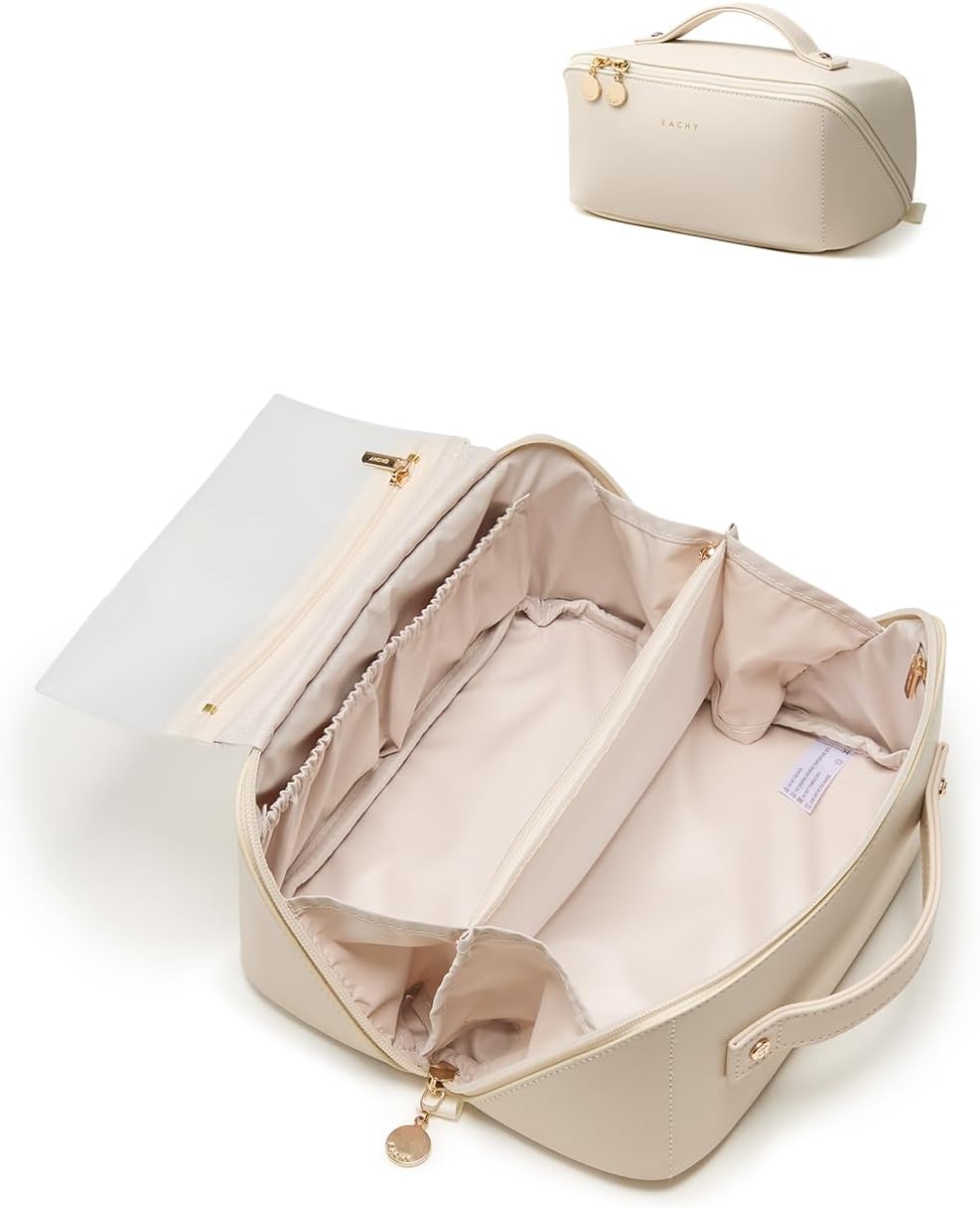 Travel Makeup Bag - Large Capacity Waterproof PU Leather Cosmetic Organizer for Skincare & Brushes | Portable Toiletry Bag