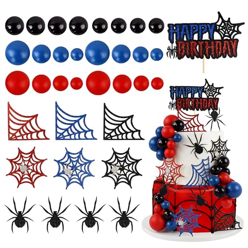 Ercadio 35Pcs Spider Web Cake Decorations - Black, Red & Blue Toppers