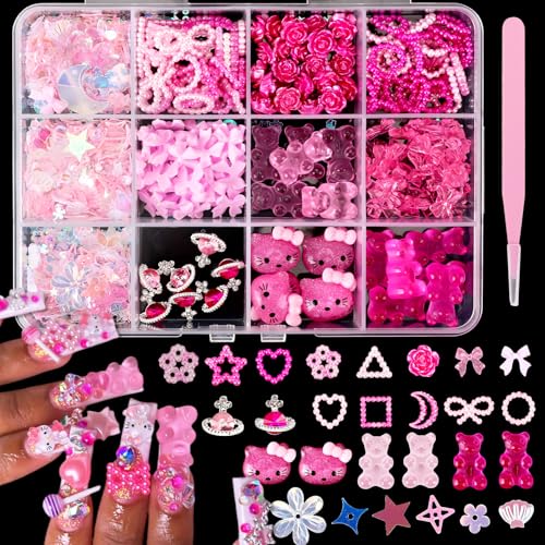 Pink Nail Charm Set - 3D Gummy Bear, Butterfly & Bow Designs