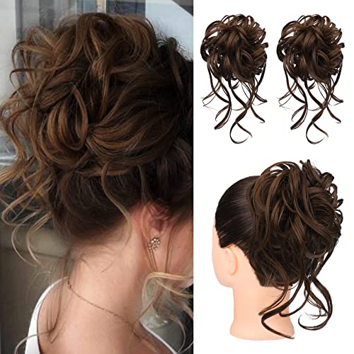 HOOJIH Messy Bun Hair Piece - 2PCS Tousled Updo Extensions in Warm Brown