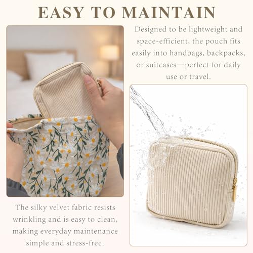 Beige Mini Corduroy Makeup Bag with Zipper and Pockets