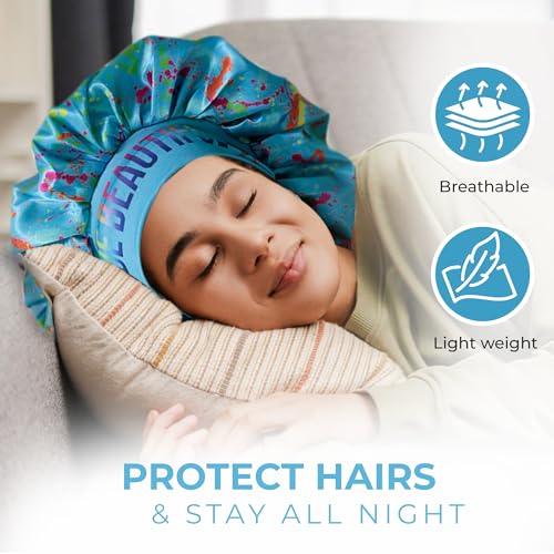 BE BEAUTIFUL EXTENSIONS Blue Reversible Double Layer Silk Satin Sleep Bonnet for Hair Protection