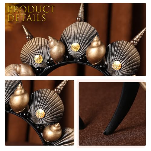 Ocean-Inspired Black Gold Seashell Halo Crown with Pearl & Conch