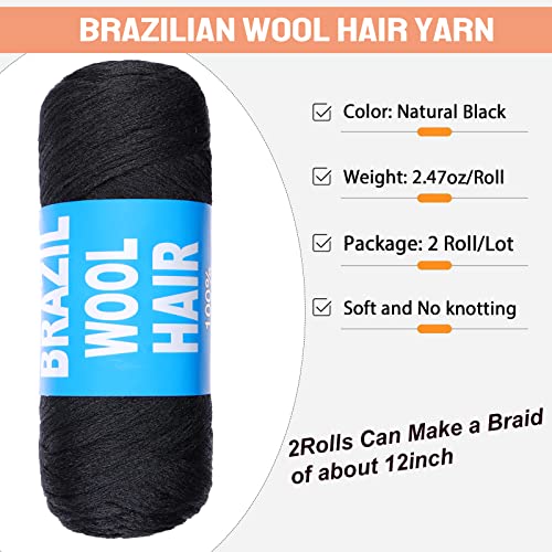 Brazilian Wool Hair Extensions for Braids - 2 Pcs, Black