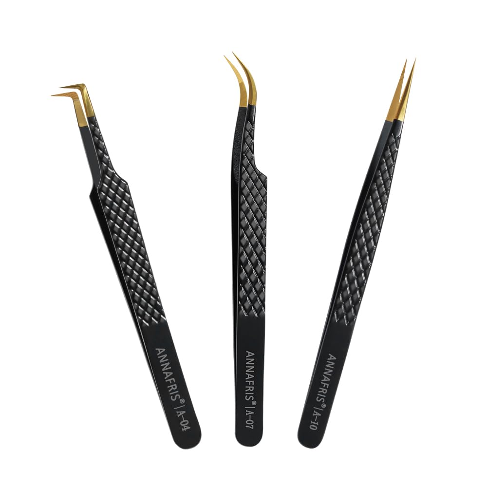 ANNAFRIS Lash Tweezers for Eyelash Extensions,Precision Fiber Tip for Volume Eyelash Extensions,Lash Extension Tweezers for Easy Application and Removal-A04+07+10