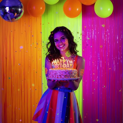 Mega-Loopolis Neon Fringe Curtains - 3 Pack Glow in The Dark Backdrop, 9.9 x 6.6 ft Tinsel for Parties