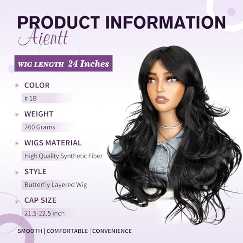 Black Layered Synthetic Wavy Curly Wig with Curtain Bangs for Women - 24 Inch, Cosplay & Daily Wear