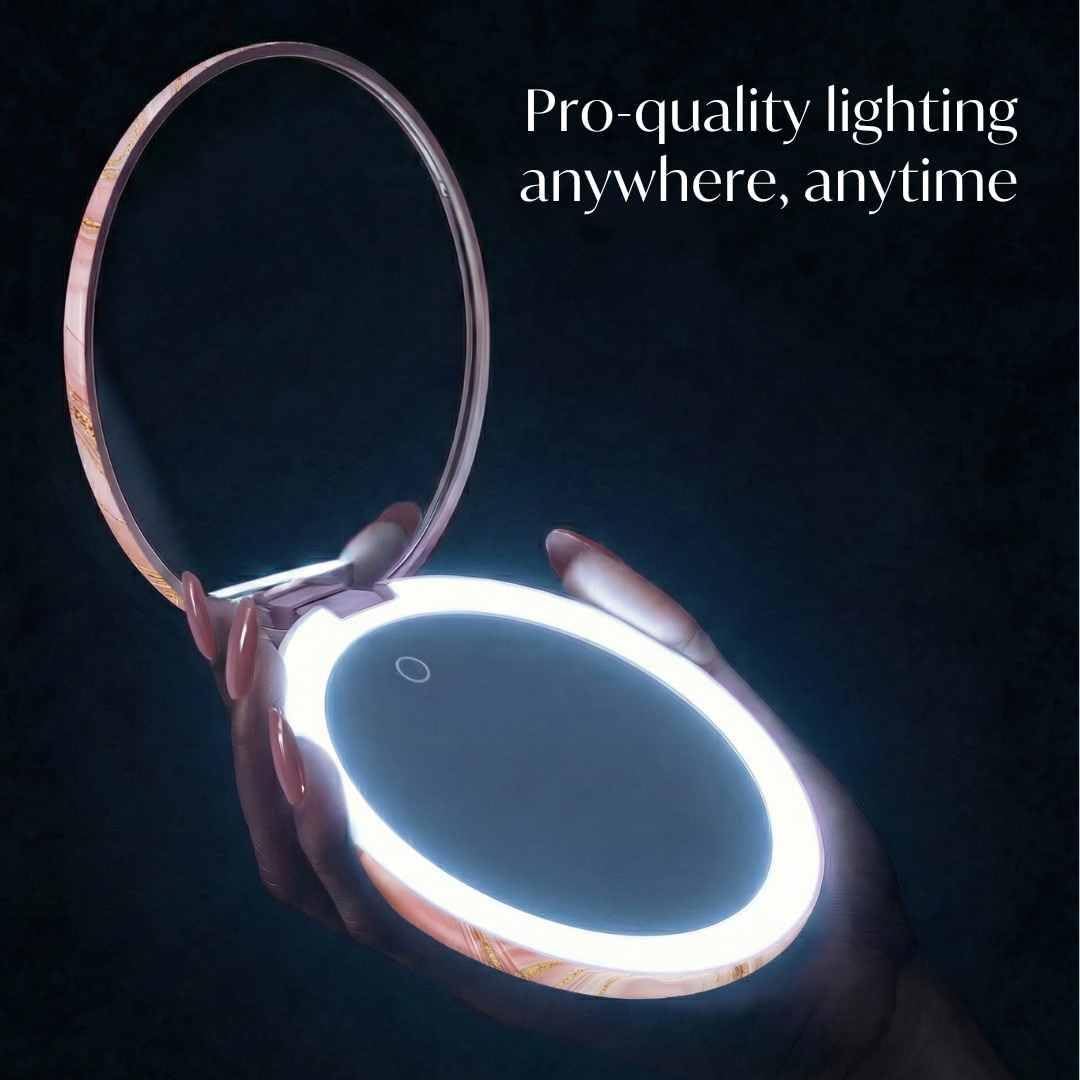 LED Travel Makeup Mirror - Rechargeable 10x/1x Magnification | Tru-Glow Lighting, XL 5” Wide, Marble Rose