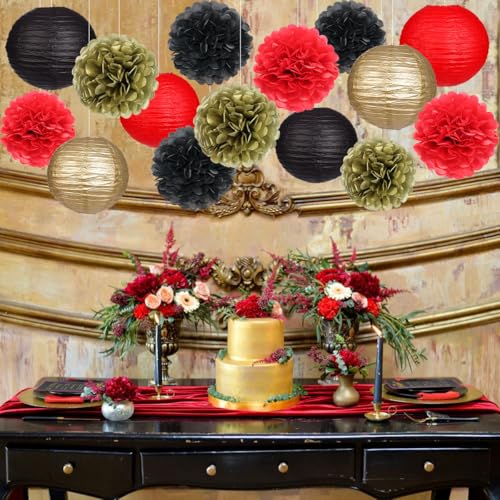 Red and Black Paper Lanterns & Pom Poms - 15 Piece Party Decor Set