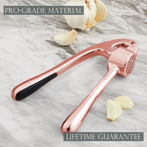 Professional Garlic Press - Easy Squeeze, Rust Proof, Rose Golden