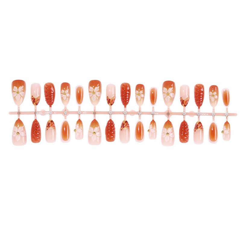 Flower Press-On Nails - Almond Medium Hibiscus Design with 3D Gold Beads | Spring Summer Acrylic Fake Nails for Women