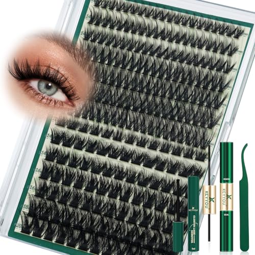 KEYYOU 80D 100D Spiky Manga Lash Clusters Kit - Fluffy DIY Eyelash Extensions with Bond & Seal