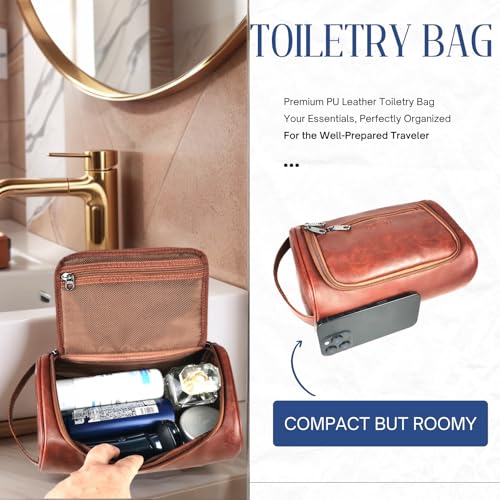 Cumbanho Men's Travel Toiletry Bag, Large PU Leather Dopp Kit - Mocha Brown