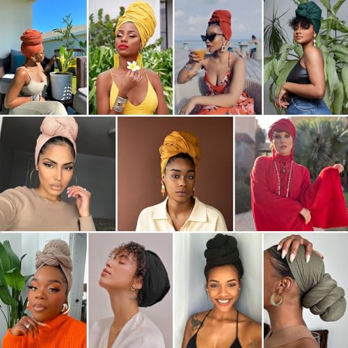 XTREND 4 Pack Solid Color Stretch Jersey Head Wraps - Black, Army Green, Turmeric, Orange