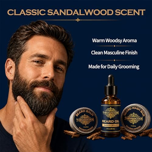 THEMANCODE Beard Grooming Kit for Men, Fathers Day Gift for Dad and Husband, Sandalwood Beard Care Kit with Oil, Balm, Wash Bar, Brush, Comb and Scissors