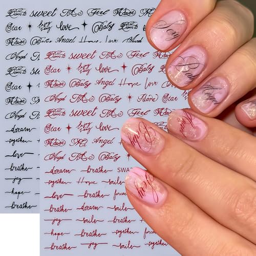 Sxidrosck English Letter Nail Stickers 6 Sheets 3D Self-Adhesive Black Red Cursive Word Design for Nail Art DIY