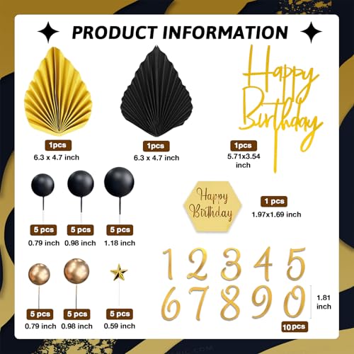 44Pcs Black and Gold Cake Toppers Set for Men's Birthday