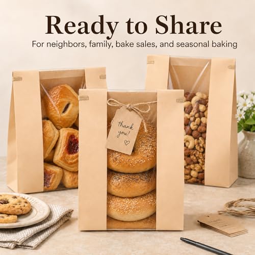 NPLUX 50-Pack Kraft Paper Bread Bags with Clear Window & Tin Tie