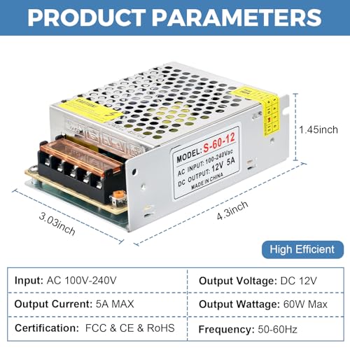 12V 5A Switching Power Supply - 60W AC to DC Adapter for LED Lights