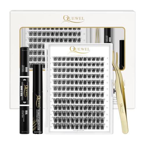 QUEWEL DIY Eyelash Extension Kit with 144 Cluster Lashes, Bond, Seal & Tool