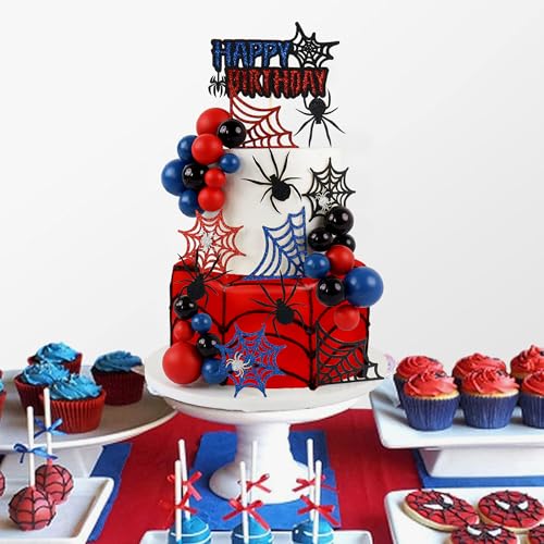 Ercadio 35Pcs Spider Web Cake Decorations - Black, Red & Blue Toppers