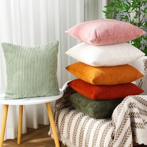 Colingmill 6-Piece Fall Corduroy Pillow Covers - 18x18 Inch Soft Striped Cushions