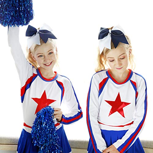 12 Pack 8-Inch Two-Toned Navy Blue and White Cheer Hair Bows for Teen Girls - Hair Ties Included