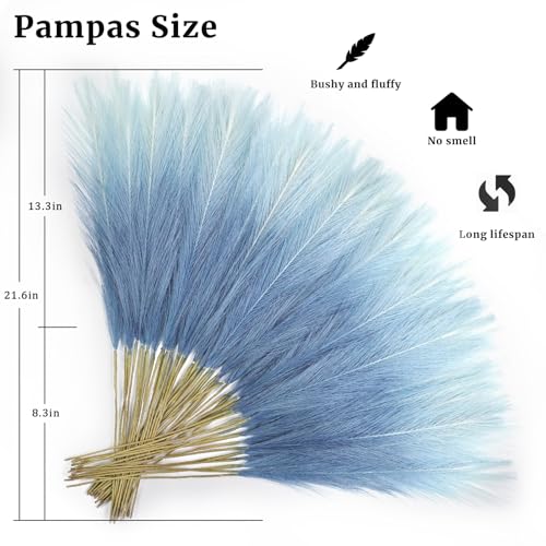 Light Blue Pampas Grass Decor - 50 Pcs 21.6" Faux Flower Stems for Boho Home Decor