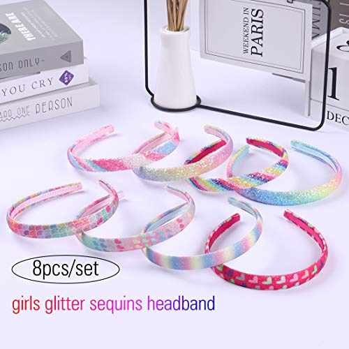 WANYU Rainbow 8 Pack Kids Headbands – Sequin Heart & Mermaid Hair Bands for Girls