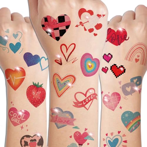CHARLENT Glitter Heart Temporary Tattoos for Girls & Women - Set of 74 Styles