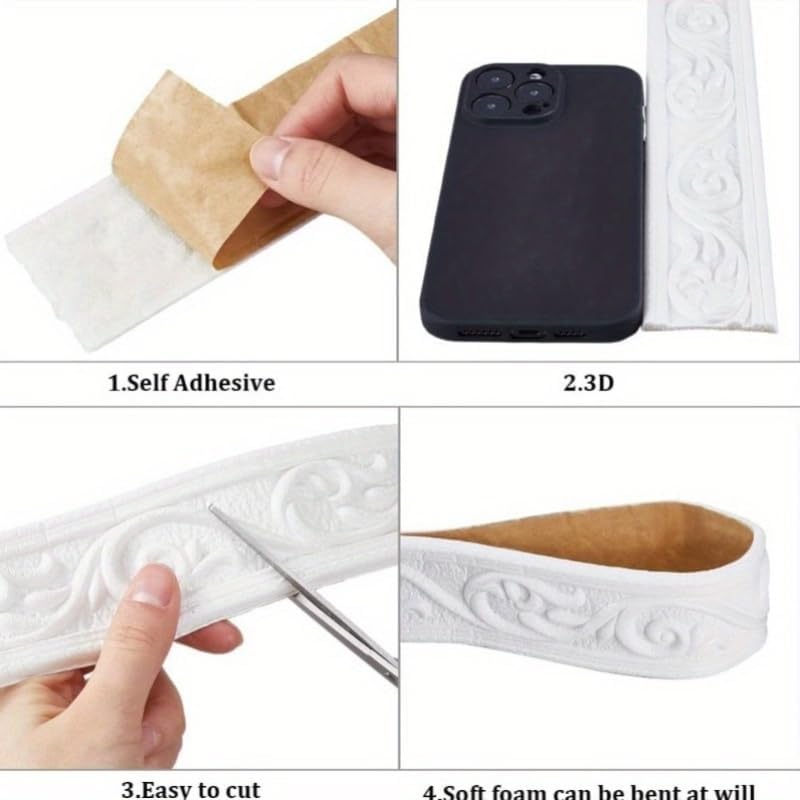 Peel and Stick Crown Molding | 2-Pack Flexible Decorative Wall Trim - 7.55ft Self-Adhesive 3D Embossed Baseboard for DIY Home Décor