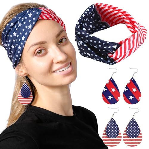 JOYIN Patriotic US Flag Headband & 4 Leather Earrings 4th of July Party Accessories