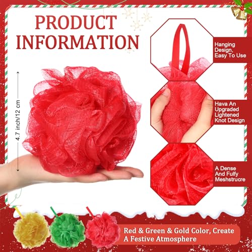 FuWeave Christmas Bath Loofah Sponge Set - 12 Pcs Red, Green, Gold Exfoliating Shower Sponges
