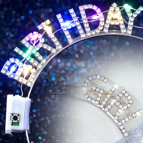 Silver Light Up Birthday Girl Headband with Rhinestones & Sash Set for Women
