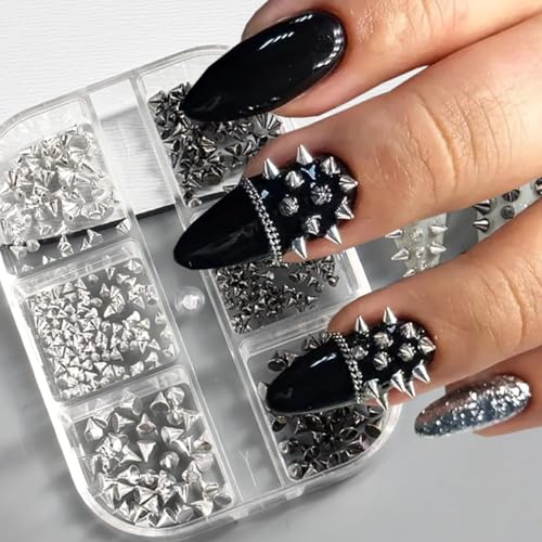 Colorful 12Pcs Gothic Punk Nail Charms Set with Metallic Rivets & Spikes - Silver Black