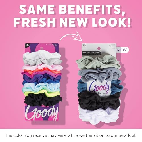 Goody Ouchless Scrunchies for Women & Men - Cool Tones, 12 Pack, Damage-Free Hair Ties