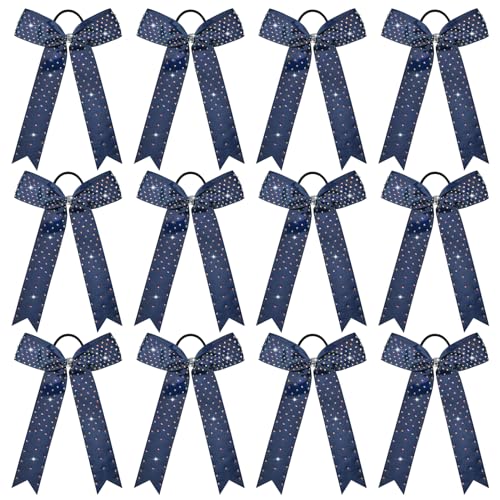 DEEKA 12-Pack Collegiate Cheer Bows - Navy Grosgrain with Rhinestones