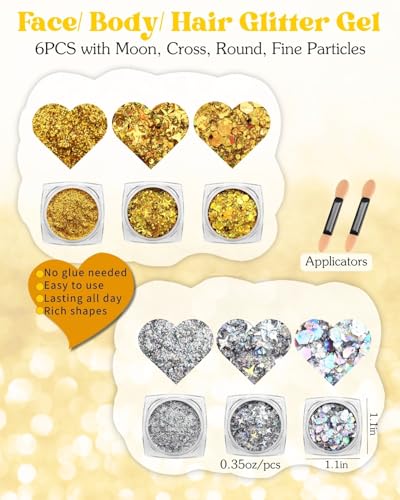 Maffuno Gold & Silver Face & Body Glitter Set with Gems for Women, 6 Glitter Gels & 4 Adhesive Sticker Sheets