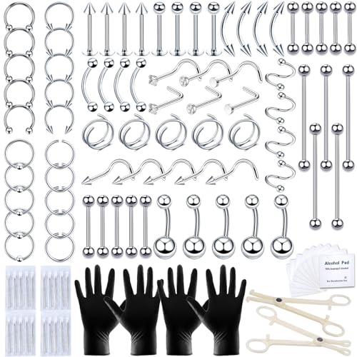 TKKUY 131PCS Professional Body Piercing Kit with 316L Stainless Steel Jewelry