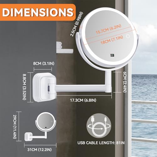 Auxmir Snow White 30X Wall Mounted Makeup Mirror - No Drilling, 3 Colors, 360° Rotation, Rechargeable